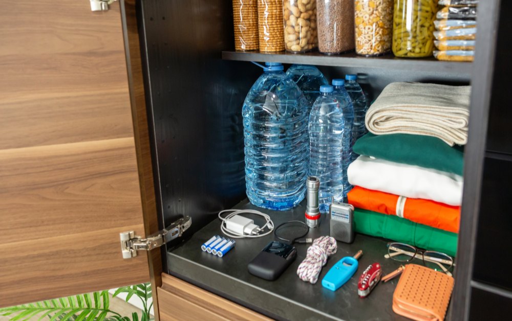 Open kast met grote flessen drinkwater, voorraadpotten met noten en granen, opgevouwen kleding, een zaklamp, batterijen en touw als noodvoorraad