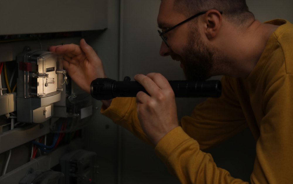 Man schijnt met een zaklamp op de elektriciteitsmeter in een donkere meterkast tijdens een stroomuitval